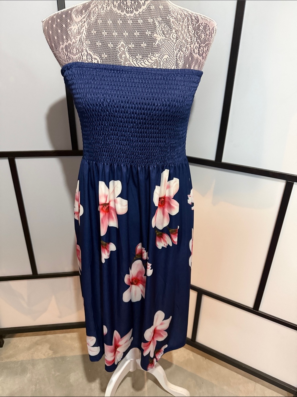 SHEIN Navy Blue Strapless Smocked Floral Mini Dress - Picture 1 of 4
